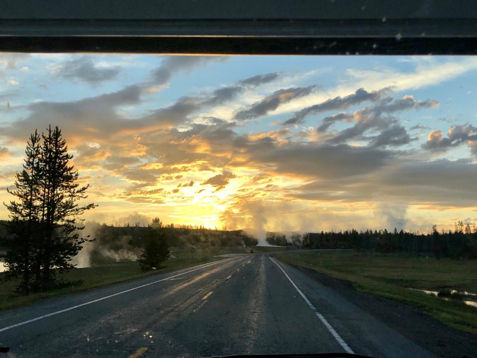 What it looked like from the RV during an early-morning drive through Yellowstone National Park.