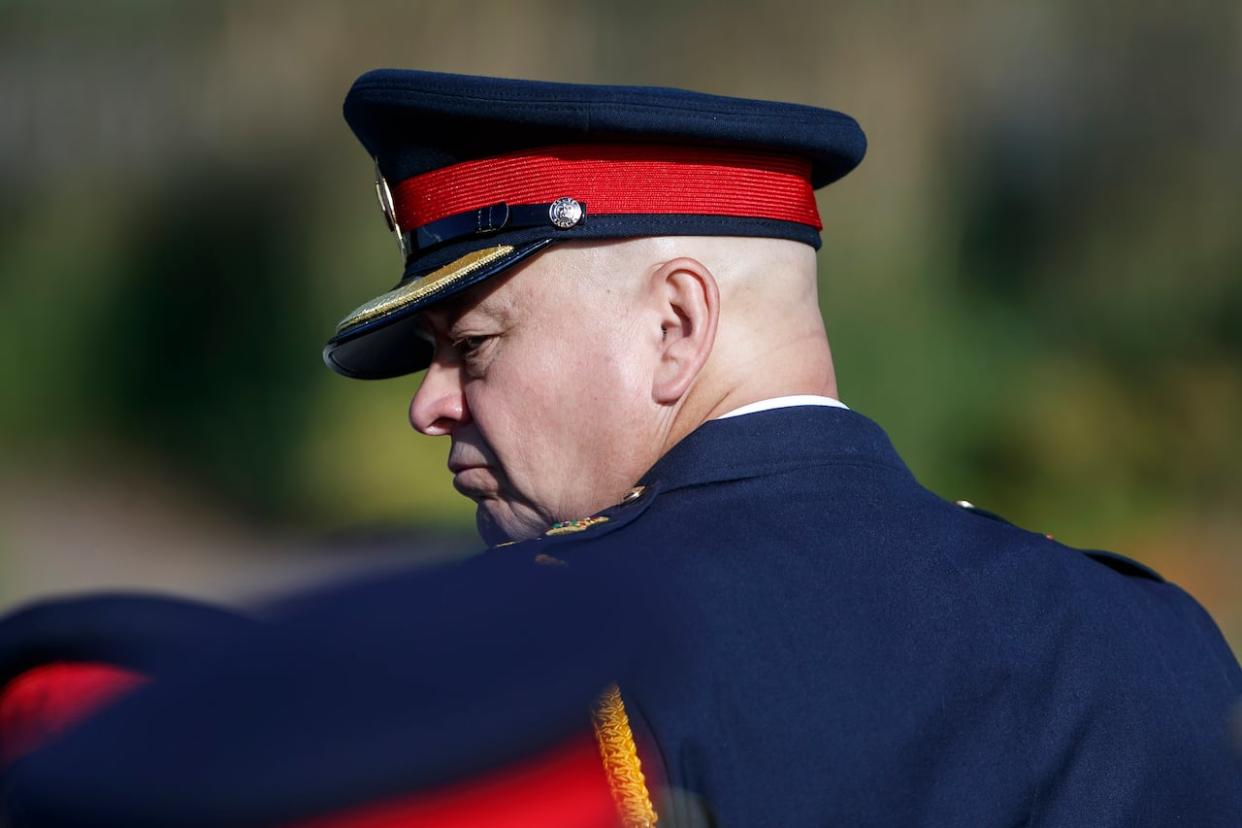 Toronto Police Chief Myron Demkiw identified the 'terrorist flag' that was waved at a pro-Palestinian demonstration Sunday a day after saying the police service would 'not be complicit in providing a platform to both acknowledge or promote the hateful ideology.' (Cole Burston/CBC - image credit)