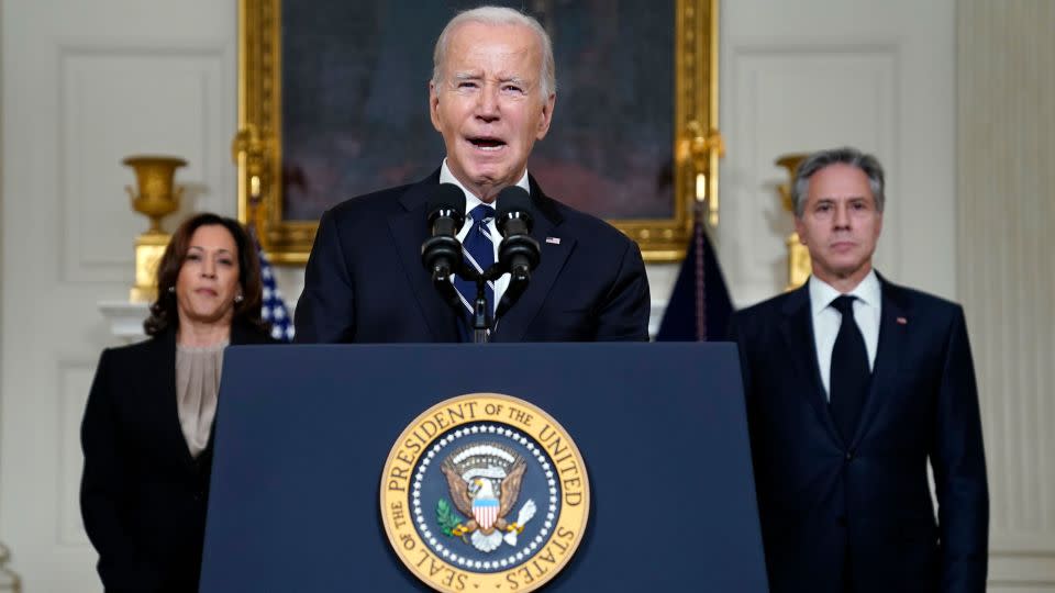 President Joe Biden speaks about the war between Israel and Hamas, as Vice President Kamala Harris and Secretary of State Antony Blinken listen, Oct. 10, 2023. - Evan Vucci/AP