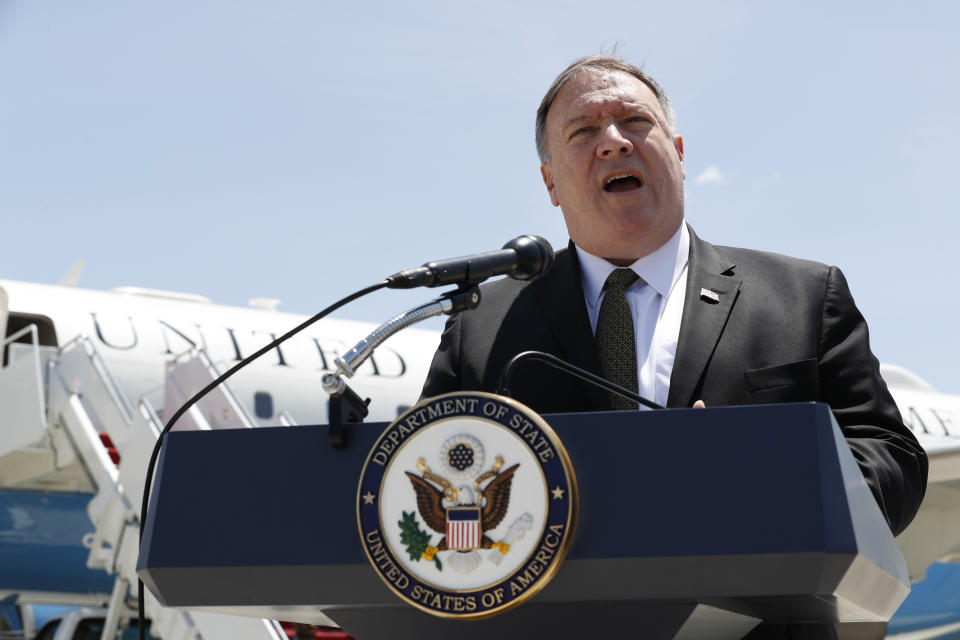 Secretary of State Mike Pompeo speaks to the media at Andrews Air Force Base, Md., Sunday, June 23, 2019, before boarding a plane headed to Jeddah, Saudi Arabia. (AP Photo/Jacquelyn Martin, Pool)