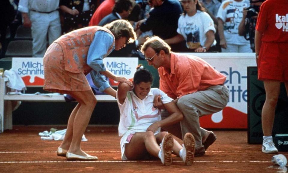 Monica Seles after being stabbed on court in Hamburg