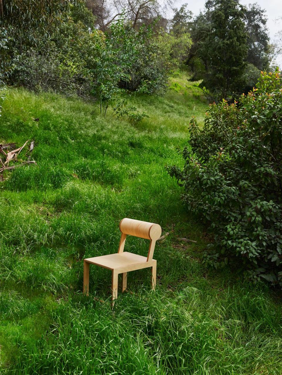 a chair in a grassy area