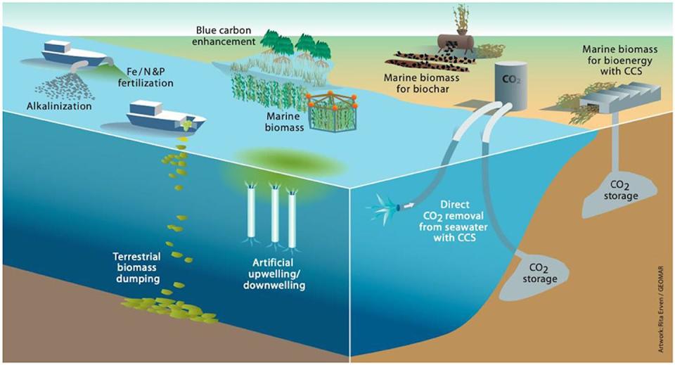 Methods of ocean direct carbon removal. <a href="https://www.frontiersin.org/articles/10.3389/fclim.2021.664456/full" rel="nofollow noopener" target="_blank" data-ylk="slk:2021 Boettcher, Brent, Buck, Low, McLaren and Mengis, Frontiers, 2021;elm:context_link;itc:0;sec:content-canvas" class="link ">2021 Boettcher, Brent, Buck, Low, McLaren and Mengis, Frontiers, 2021</a>, <a href="http://creativecommons.org/licenses/by/4.0/" rel="nofollow noopener" target="_blank" data-ylk="slk:CC BY;elm:context_link;itc:0;sec:content-canvas" class="link ">CC BY</a>