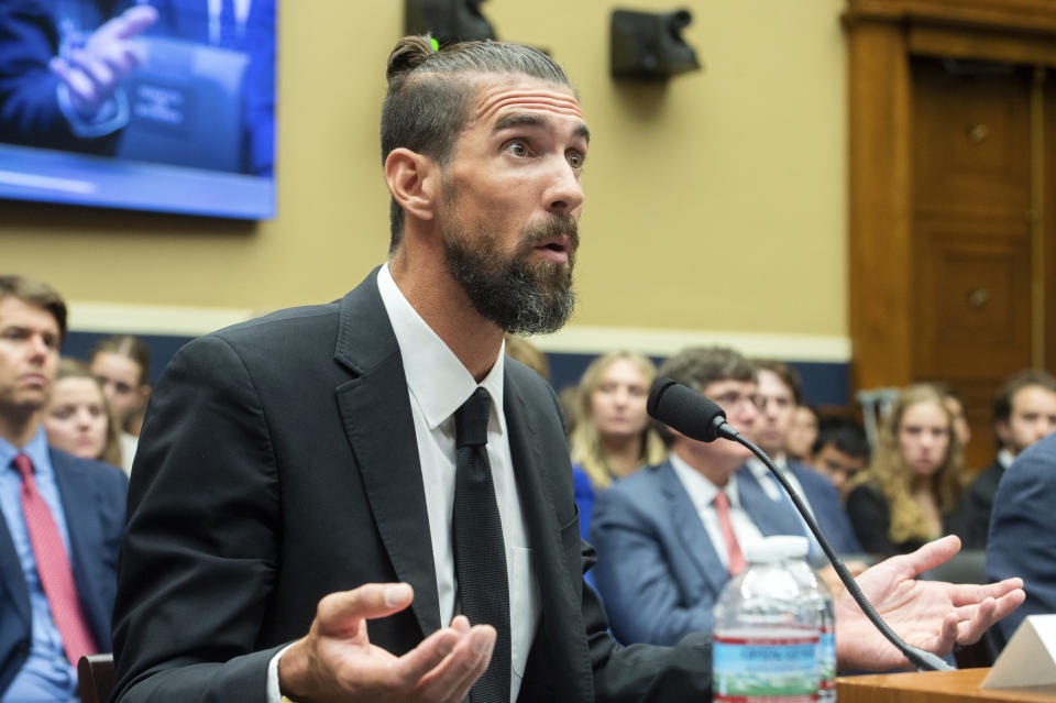 Michael Phelps, former Olympic athlete, testifies during a House Committee on Energy and Commerce Subcommittee on Oversight and Investigations hearing examining Anti-Doping Measures in Advance of the 2024 Olympics, on Capitol Hill, Tuesday, June 25, 2024, in Washington. (AP Photo/Rod Lamkey, Jr.)