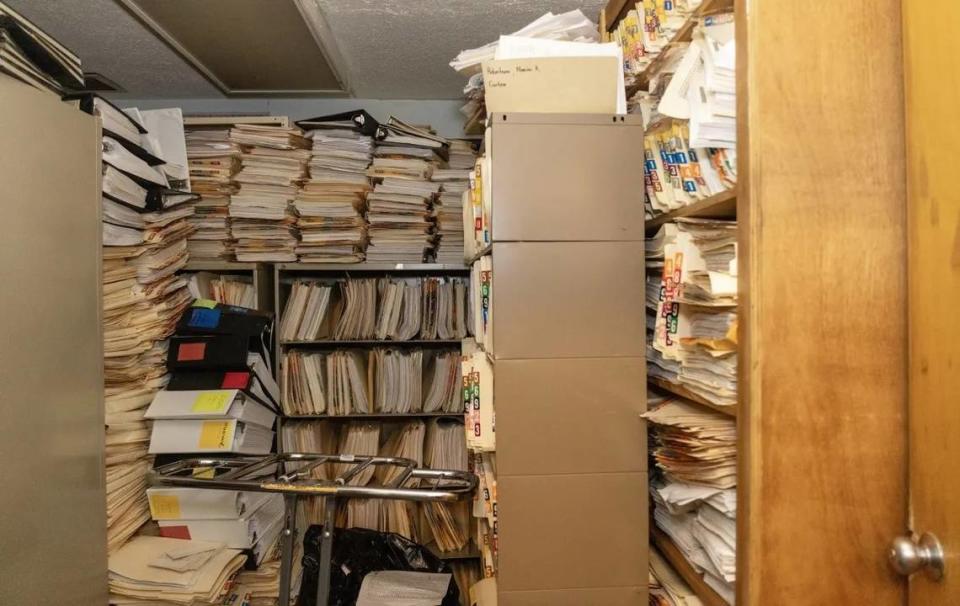 Patient records are stored at the former Patients’ Choice Medical Center of Humphreys County in Belzoni, on Nov. 17, 2023.
