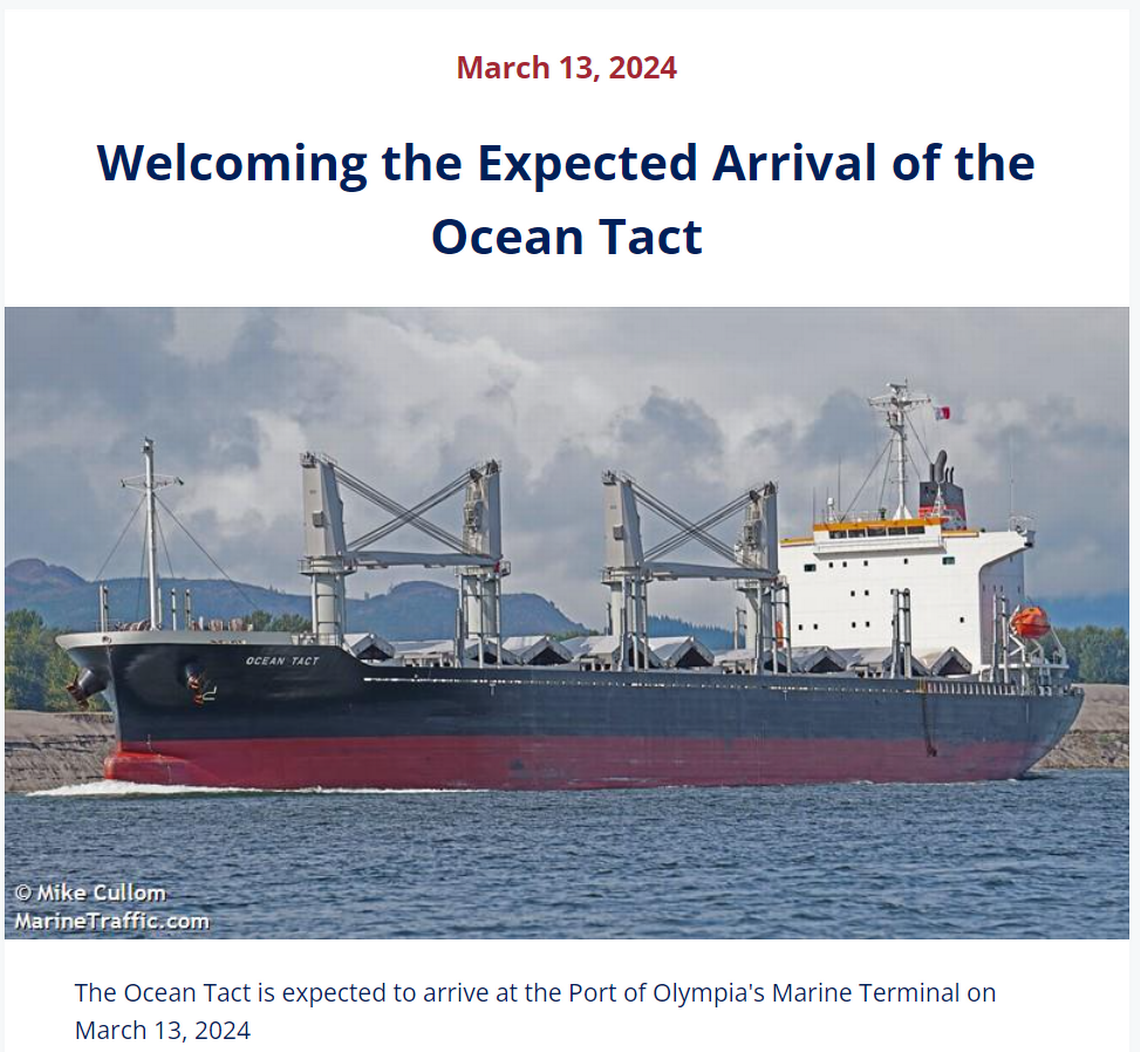 The Port of Olympia’s website heralded the arrival of the Ocean Tact in March. Courtesy/Port of Olympia
