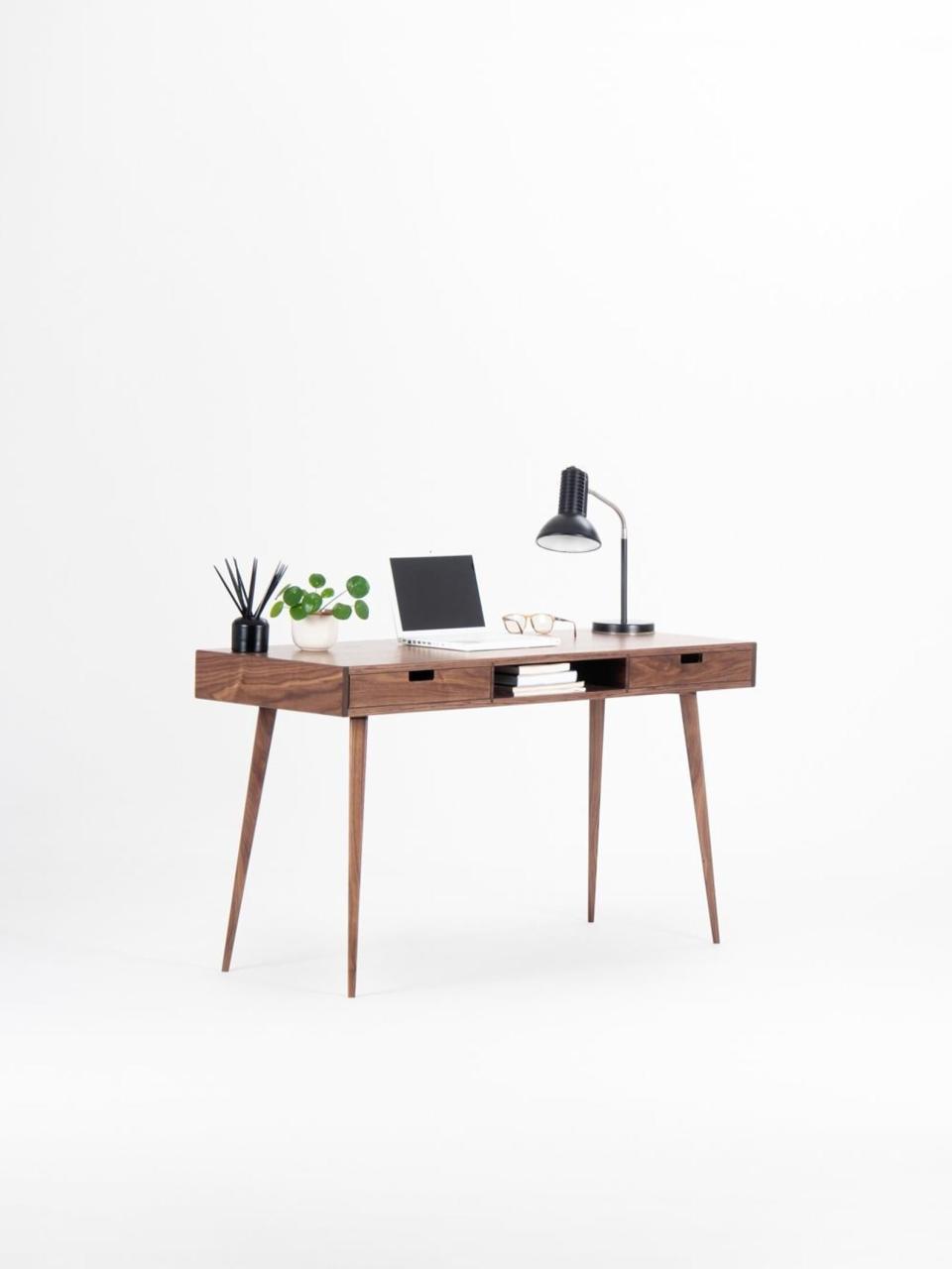 Desk for office, mid-century computer desk with drawers and storage, made of walnut wood