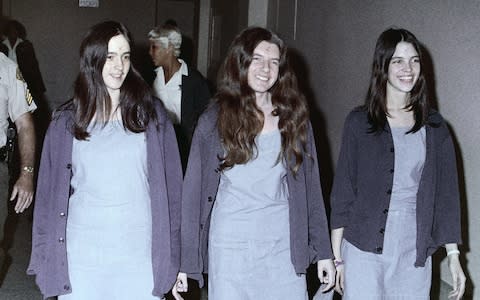 Susan Atkins, Patricia Krenwinkel and Leslie Van Houten, left to right, are shown en route to court in Los Angeles, Ca., Aug. 1970 - Credit: AP