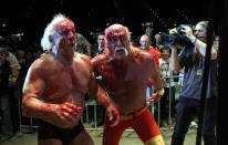 <p>Hulk Hogan and Ric Flair in action during his Hulkamania Tour at the Burswood Dome on November 24, 2009 in Perth, Australia. (Photo by Matt Jelonek/WireImage) </p>
