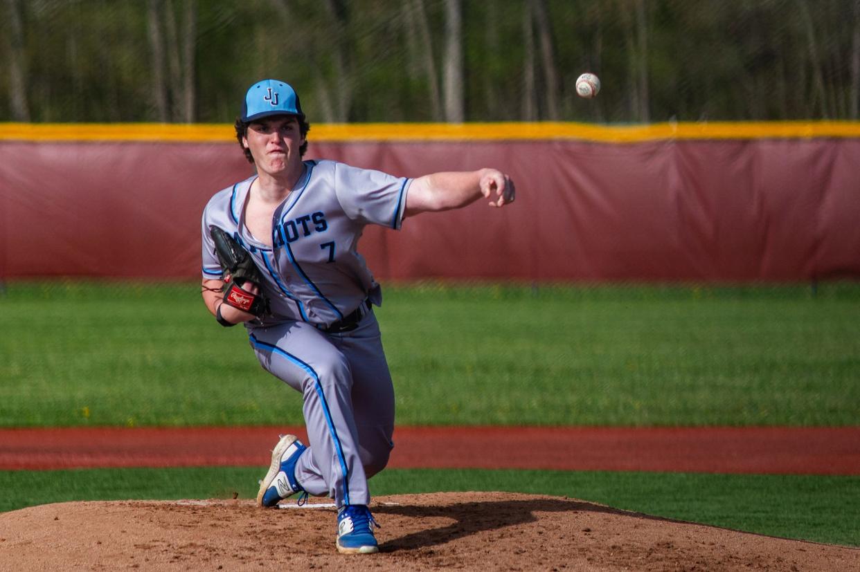 John Jay East Fishkill's Landon Seipp delivers a pitch against Arlington during an April 30, 2024 baseball game.