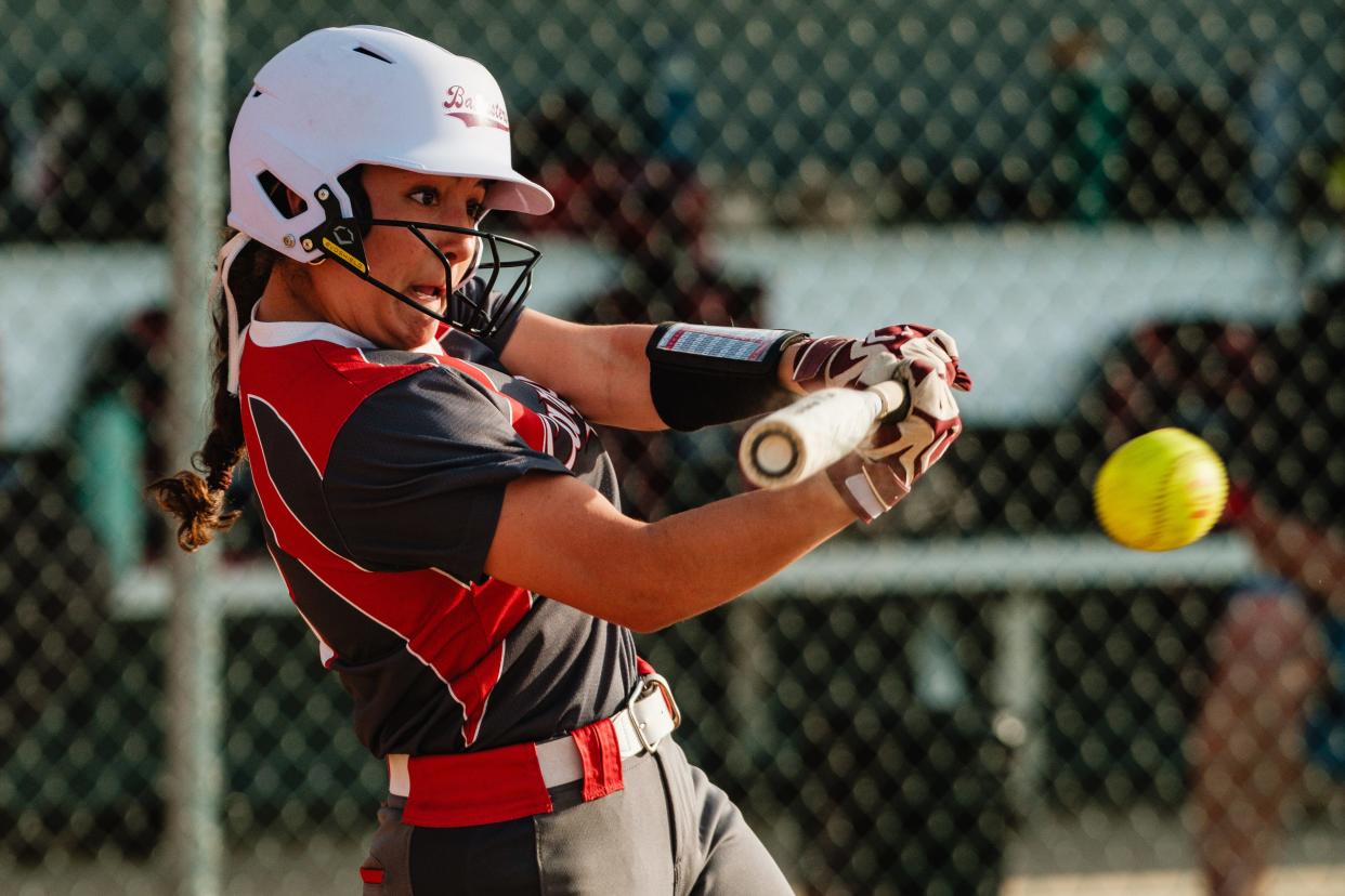 Sandy Valley's Bella Meade makes contact during a game against Garaway, Monday, April 29 at Sandy Valley Local Schools.