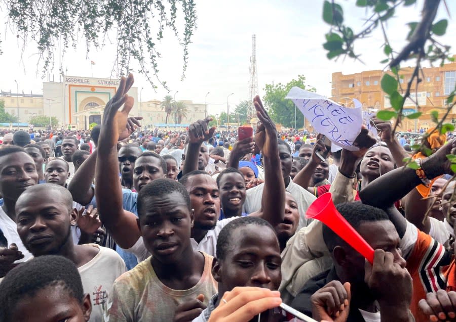Supporters of mutinous soldiers demonstrate in Niamey, Niger, Thursday July 27 2023. (AP Photo/Sam Mednick)