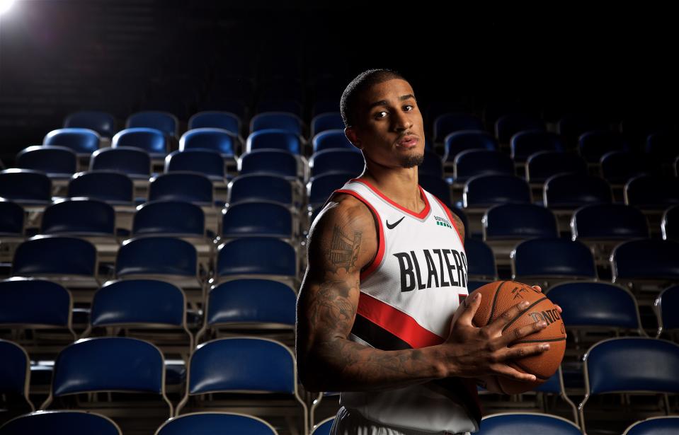 Sep 24, 2018; Portland, OR, USA; Portland Trail Blazers guard Gary Payton II (5) poses for a photo during media day at the Moda Center.