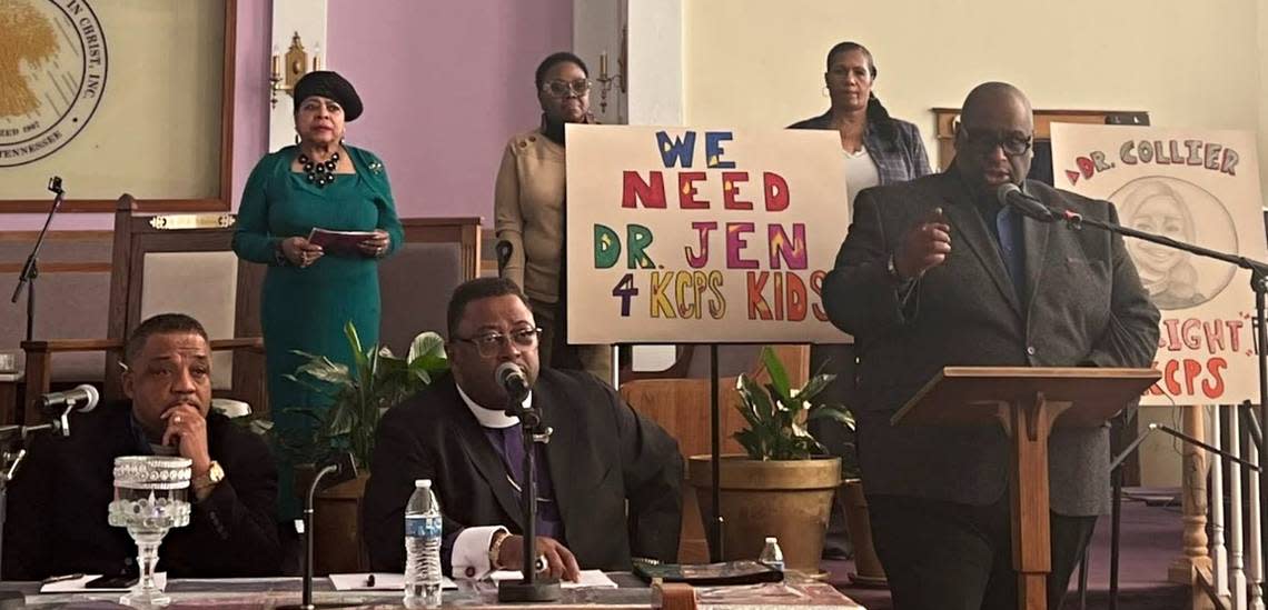 Several Kansas City faith leaders endorsed Kansas City Public Schools Interim Superintendent Jennifer Collier to be the district’s next permanent leader. Among the clergy members were Bishop Eric Morrison of Kingdom Word Ministries, from left, Bishop Clifford Jackson of St. Paul Monument of Faith Church, and Pastor Darron LaMonte Edwards of United Believers Community Church.
