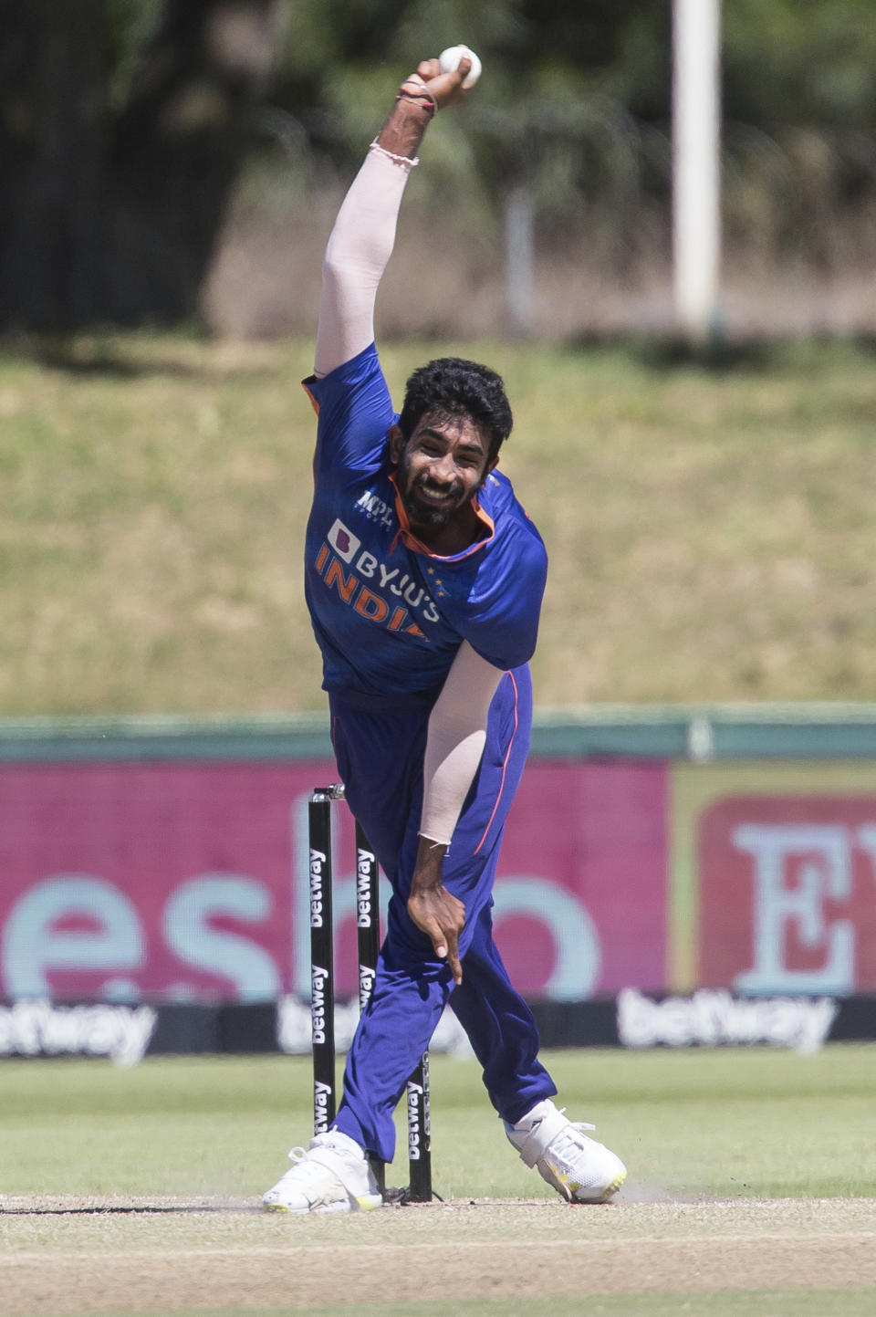 Indian bowler Jasprit Bumrah in action during the second ODI match between South Africa and India in Paarl, South Africa, Friday, Jan. 21, 2022. (AP Photo/Halden Krog)