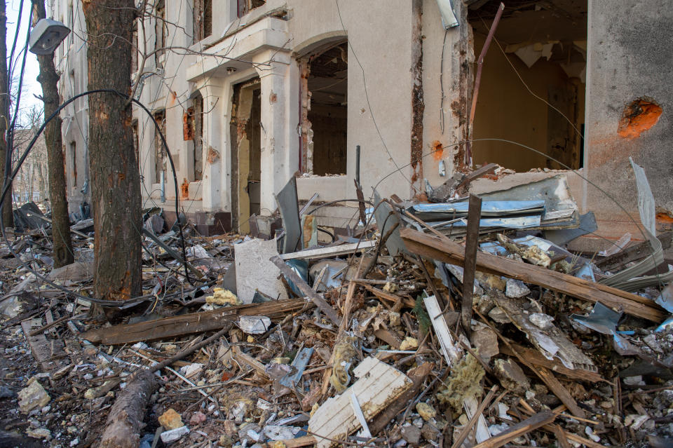 KHARKIV, UKRAINE - MARCH 15: A view of a building, damaged as a result of shelling of the city by Russian missiles in the center of Kharkiv, Ukraine. (Photo by Stringer/Anadolu Agency via Getty Images)