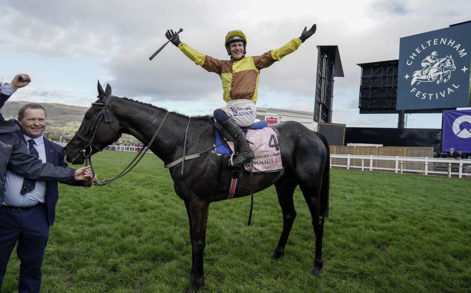 Paul Townend riding Galopin Des Champs win The Boodles Cheltenham Gold Cup Chase during day four of the Cheltenham Festival 2024 at Cheltenham Racecourse on March 15, 2024 in Cheltenham, England