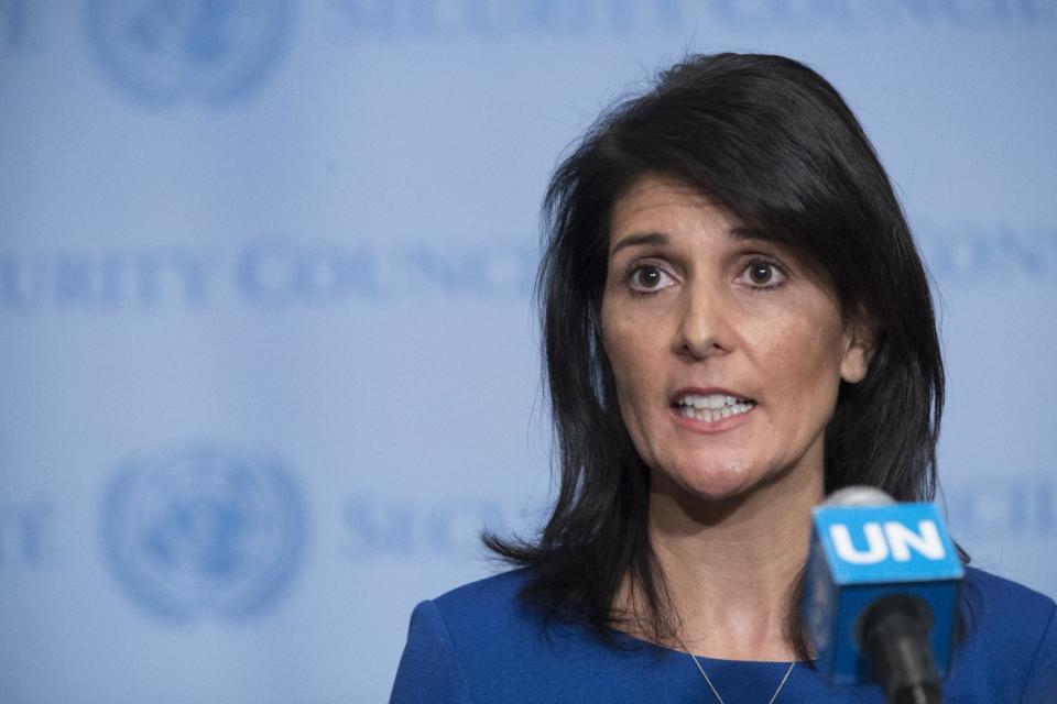 United States Ambassador to the United Nations Nikki Haley speaks to reporters after a Security Council meeting on the situation in the Middle East, Thursday, Feb. 16, 2017 at U.N. headquarters. The United Nations and the Arab League on Thursday issued a joint statement in support of the establishment of a Palestinian state. (AP Photo/Mary Altaffer)