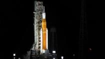 PHOTO: The Artemis rocket with the Orion spacecraft aboard is seen atop the mobile launcher at Launch Pad 39B, at the Kennedy Space Center in Cape Canaveral, Fla., Aug. 29, 2022. (Joel Kowsky/NASA/AFP via Getty Images)