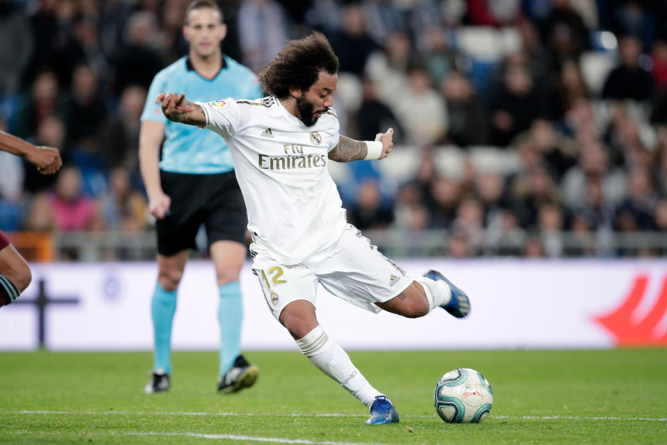 MADRID, SPAIN - FEBRUARY 16: Marcelo of Real Madrid  during the La Liga Santander  match between Real Madrid v Celta de Vigo at the Santiago Bernabeu on February 16, 2020 in Madrid Spain (Photo by David S. Bustamante/Soccrates/Getty Images)