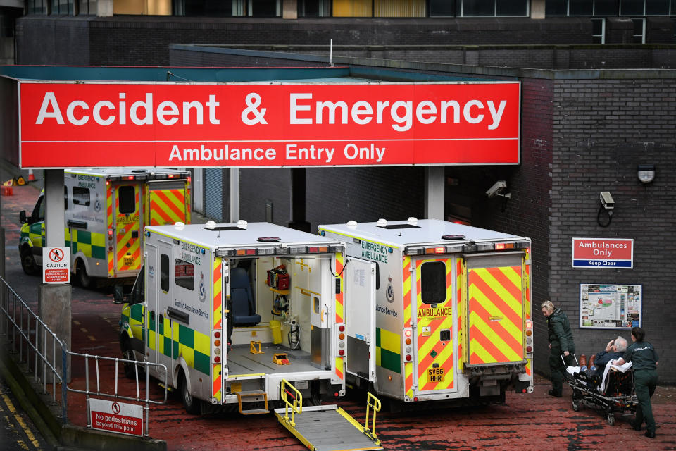 GLASGOW, SCOTLAND - JANUARY 05:  Ambulances sit at the accident and emergency at the Glasgow Royal hospital on January 5, 2018 in Glasgow, Scotland. Hospitals across the country are being stretched to the limit, with hundreds of patients facing long waiting times to be seen at A&E departments as the NHS is close to breaking point. (Photo by Jeff J Mitchell/Getty Images)