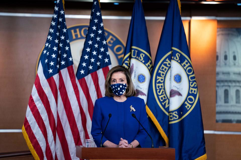 US Speaker of the House, Nancy Pelosi, Democrat of California, holds her weekly press briefing on Capitol Hill in Washington, DC, on October 22, 2020. (Photo by Alex Edelman / AFP) (Photo by ALEX EDELMAN/AFP via Getty Images)