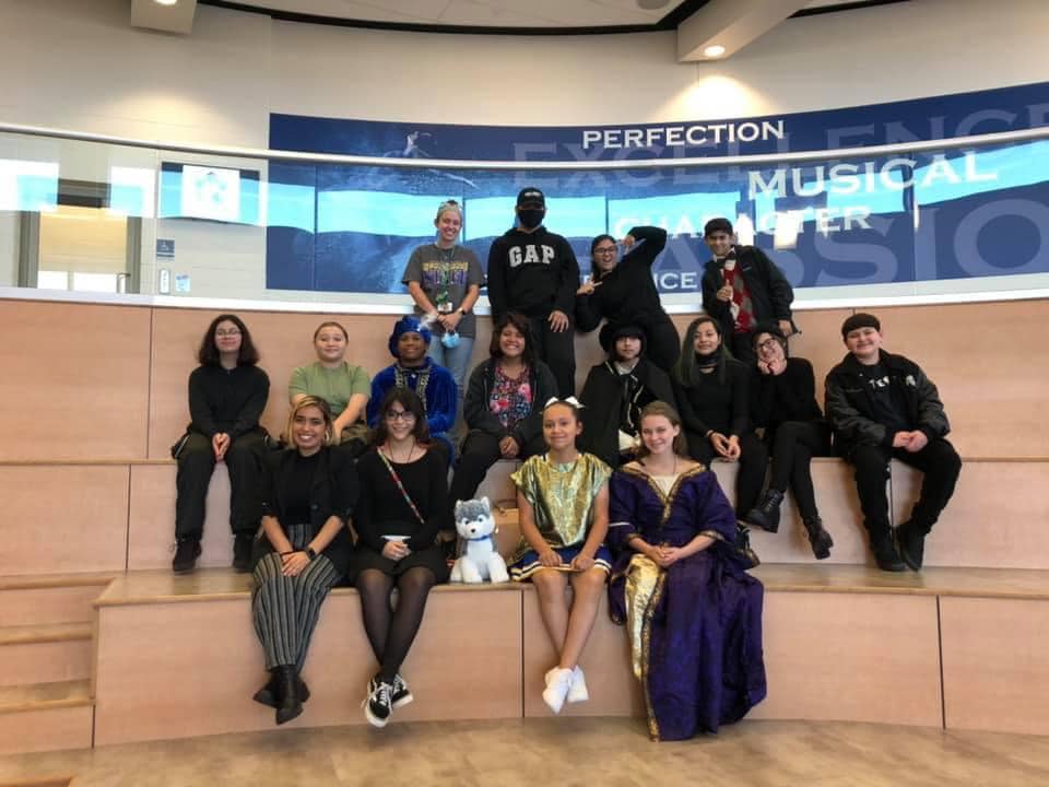 Miller Metro Prep students pose outside of Veterans Memorial High School's auditorium after competing in the UIL One Act Play.