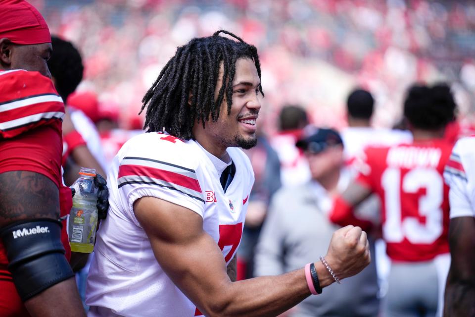 Ohio State cornerback Jordan Hancock fist pumps after the Buckeyes' spring game at Ohio Stadium.