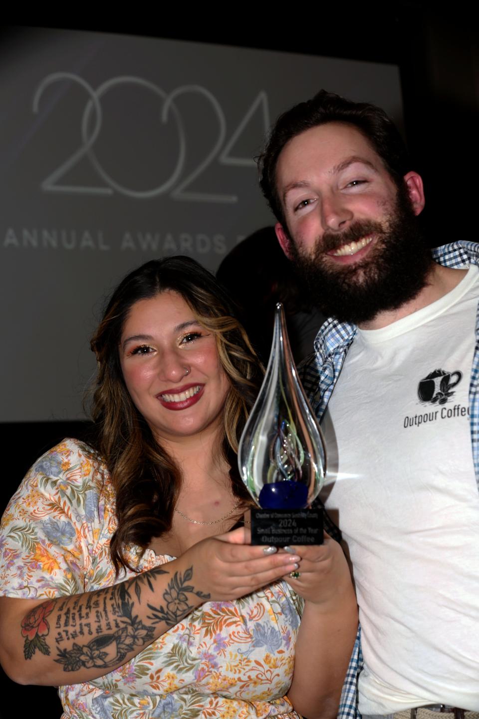Winners of the 2024 Small Business Member of the Year Award were Michael Hasselback and his wife Natalie, owners of Outpour Coffee in downtown Fremont.