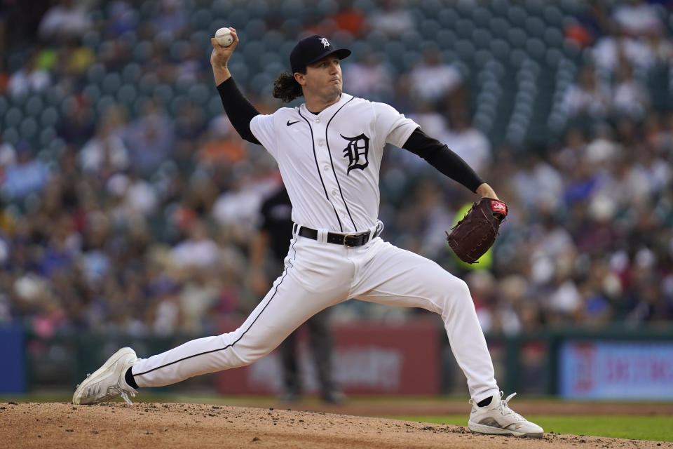 Detroit Tigers pitcher Casey Mize throws against the Boston Red Sox in the second inning of a baseball game in Detroit, Wednesday, Aug. 4, 2021. (AP Photo/Paul Sancya)