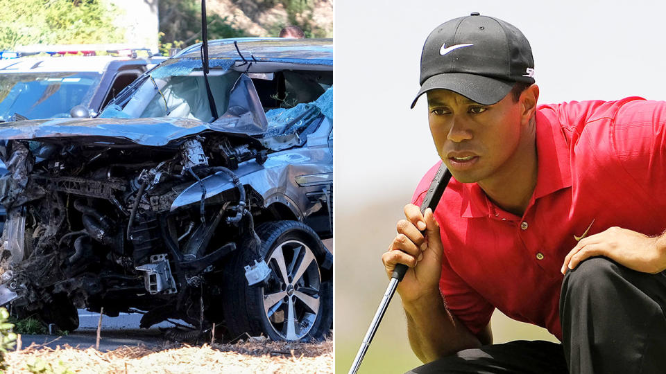 Seen here, Tiger Woods and the damage done to the golfer's car.