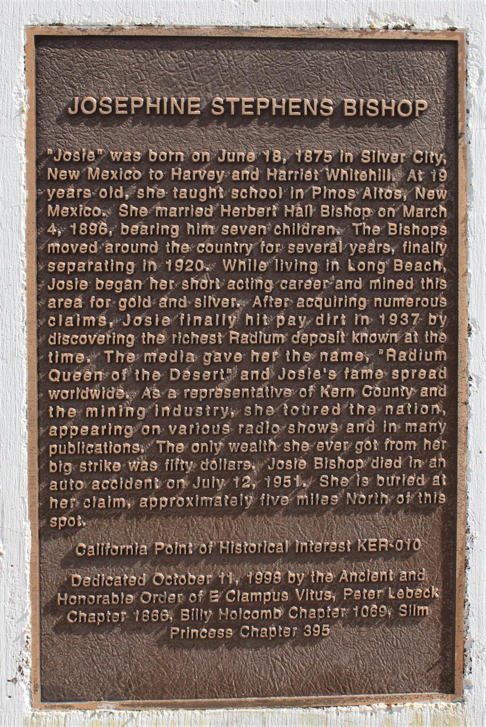 Marker for Josephine Stephens Bishop, a California historical site.