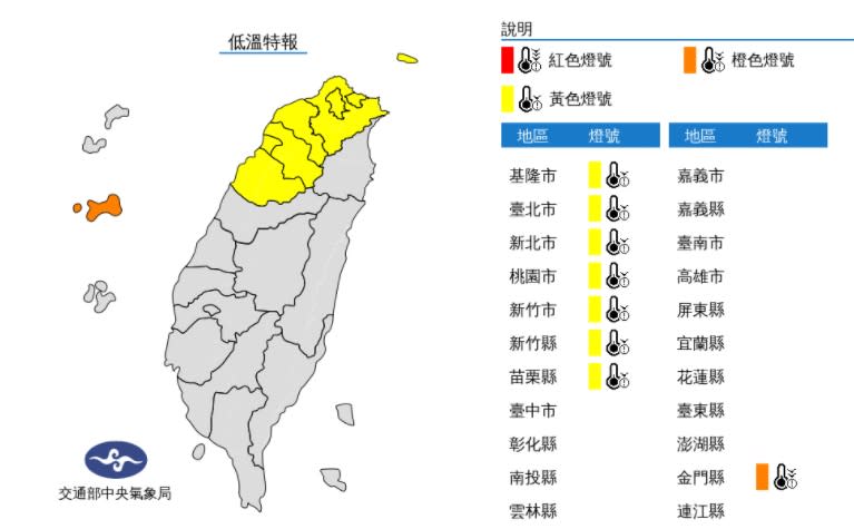 氣象局發布低溫特報。（圖／中央氣象局）