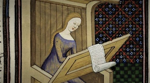 <span class="caption">A miniature of the Erythrean Sibyl, writing. </span> <span class="attribution"><a class="link " href="https://www.bl.uk/catalogues/illuminatedmanuscripts/ILLUMIN.ASP?Size=mid&IllID=47177" rel="nofollow noopener" target="_blank" data-ylk="slk:British Library, Royal 16 G V f. 23.;elm:context_link;itc:0;sec:content-canvas">British Library, Royal 16 G V f. 23.</a>, <a class="link " href="http://creativecommons.org/licenses/by-sa/4.0/" rel="nofollow noopener" target="_blank" data-ylk="slk:CC BY-SA;elm:context_link;itc:0;sec:content-canvas">CC BY-SA</a></span>