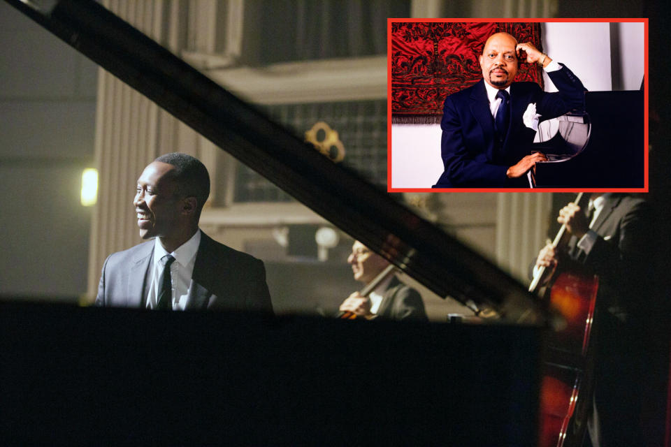 Mahershala Ali as Don Shirley plays the piano in "The Green Book"