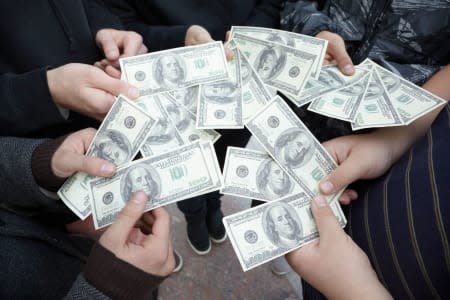 CF3F83 five teens staying with funs of dollars in their hands close by five; teens; staying; funs; dollars; in; their; hands; fi