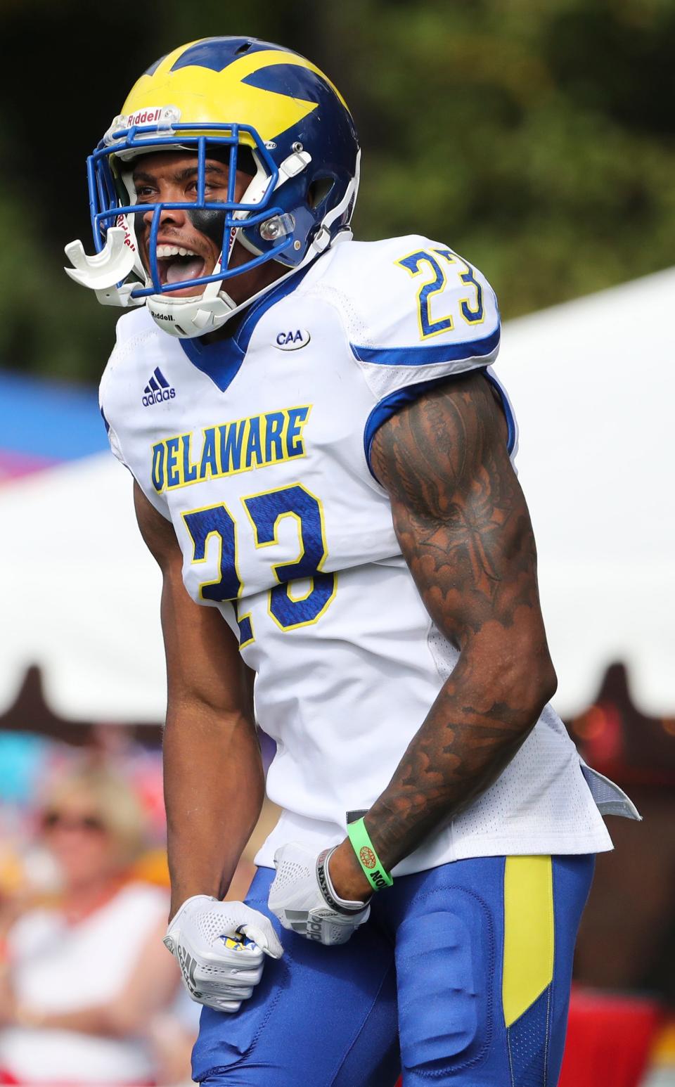 Delaware's Nasir Adderley rejoices after he helped secure a safety for the first score against Richmond in 2018.