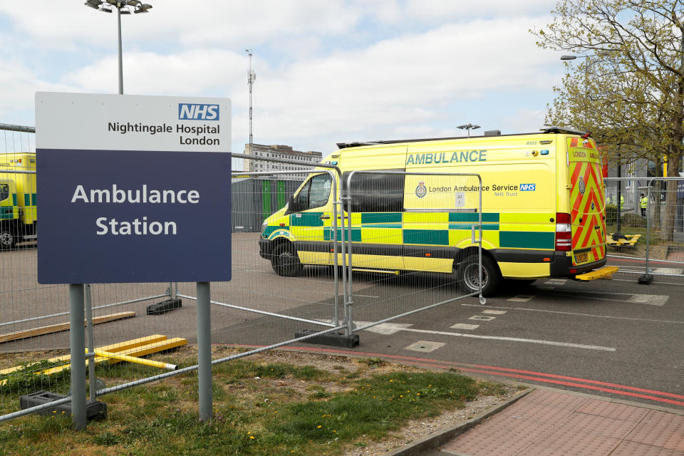 A ambulance arrives at the NHS Nightingale Hospital at the Excel Centre in London as the spread of the coronavirus disease (COVID-19) continues, London, Britain, April 14, 2020. REUTERS/John Sibley