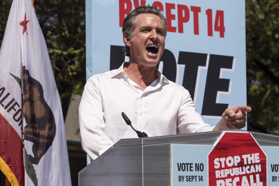 California Gov. Gavin Newsom campaigns against the California recall election at the Culver City High School in Culver City, Calif., Saturday, Sept. 4, 2021. (AP Photo/Damian Dovarganes)