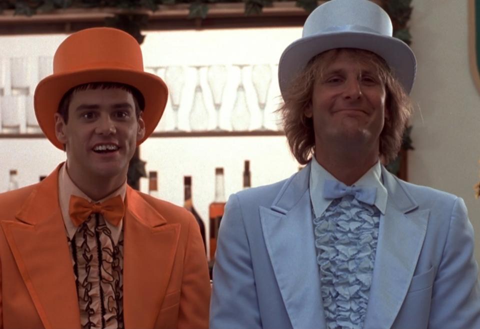 Lloyd and Harry wear colorful tuxedos for an event in "Dumb and Dumber"