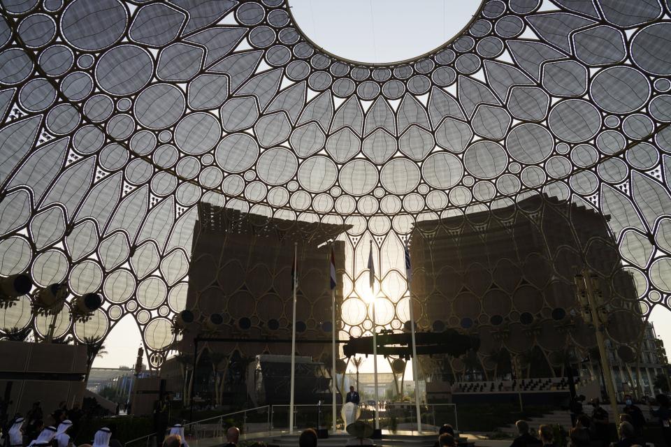 King Willem-Alexander gives a speech under the Al Wasl Dome at Expo 2020 in Dubai, United Arab Emirates, Wednesday, Nov. 3, 2021. King Willem-Alexander and Queen Maxima of the Netherlands are in the United Arab Emirates as part of a royal trip to the country to visit Dubai's Expo 2020. (AP Photo/Jon Gambrell)