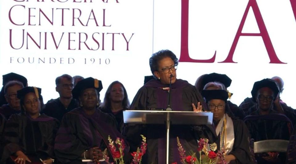 Former U.S. Attorney General Loretta Lynch addresses graduates at the North Carolina Central School of Law on May 3, 2024.