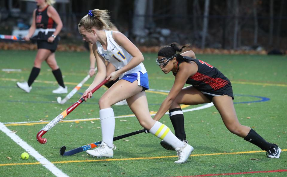 Pawling defender Chelsea Hodge, right, looks to make a play on the ball during an Oct. 23, 2023 field hockey game against North Salem.