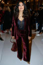 <p><strong>2 October</strong> Salma Hayek opted for a burgundy velvet suit.</p>