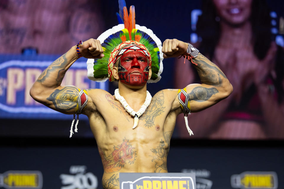 April 12, 2024; Las Vegas, Nevada, USA; UFC fighter Alex Pereira during ceremonial weigh-ins for UFC 300 at the MGM Grand Garden Arena. Mandatory credit: Mark J. Rebilas-USA TODAY Sports