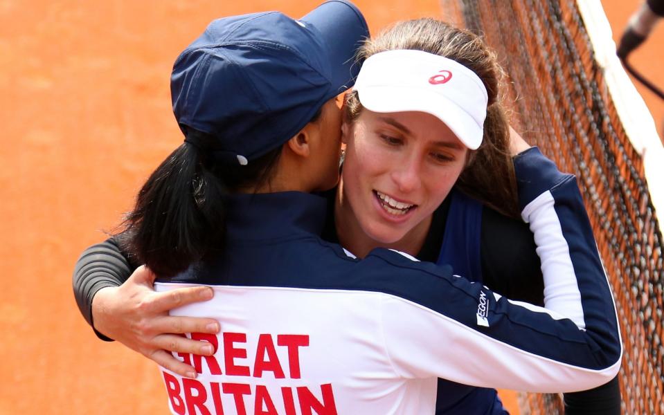 Johanna Konta is consoled by captain Anne Keothavong - Getty Images Europe