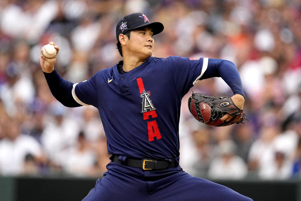 American League's starting pitcher Shohei Ohtani, of the Los Angeles Angeles, throws during the first inning of the MLB All-Star baseball game, Tuesday, July 13, 2021, in Denver. (AP Photo/Jack Dempsey)