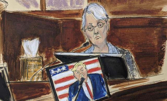 Trump accuser Jessica Leeds testifies on the witness stand with video of Donald Trump in computer screen in Manhattan federal court, Tuesday, May 2, 2023. Leeds, who said that Donald Trump silently molested her on an airliner in the late 1970s, testified Tuesday in support of writer E. Jean Carroll, who alleges that a flirtatious 1996 encounter with the future president ended in a violent sexual attack. (Elizabeth Williams via AP)