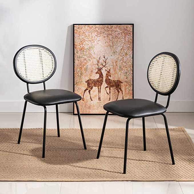 Soohow Faux Leather Dining Chairs with Rattan Backrest, Set of 2