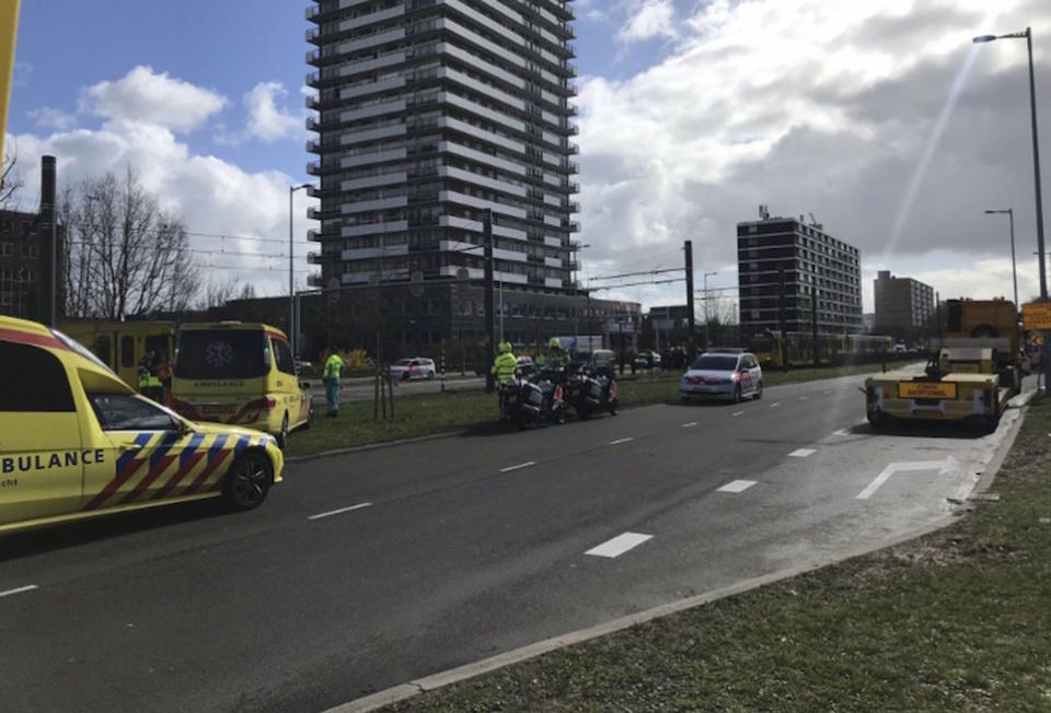 Emergency services attend the scene of a shooting in Utrecht, Netherlands (Picture: AP)